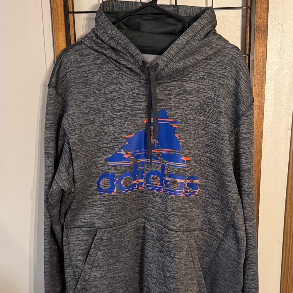 Adidas Men’s Heather Gray Hoodie with Vibrant Blue and Orange Logo Size XL